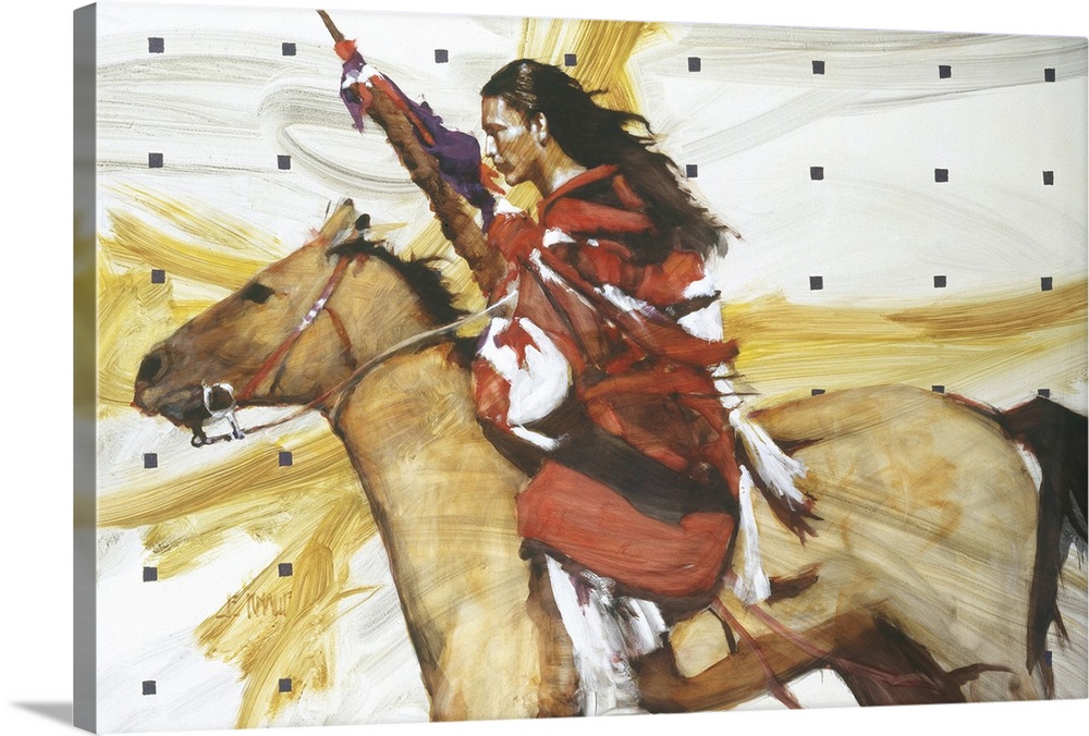 Contemporary western theme painting of a Native American woman on horseback.