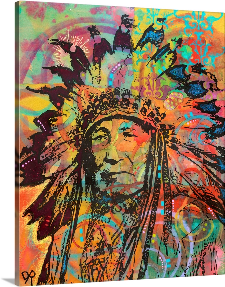 Graffiti style illustration of a Native American with various colors.