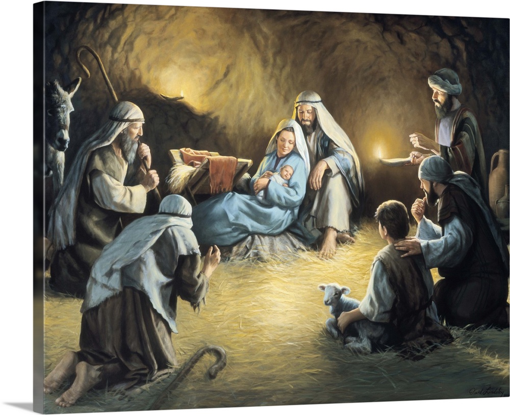 Nativity scene with people gathered around Mary and Joseph holding baby Jesus.