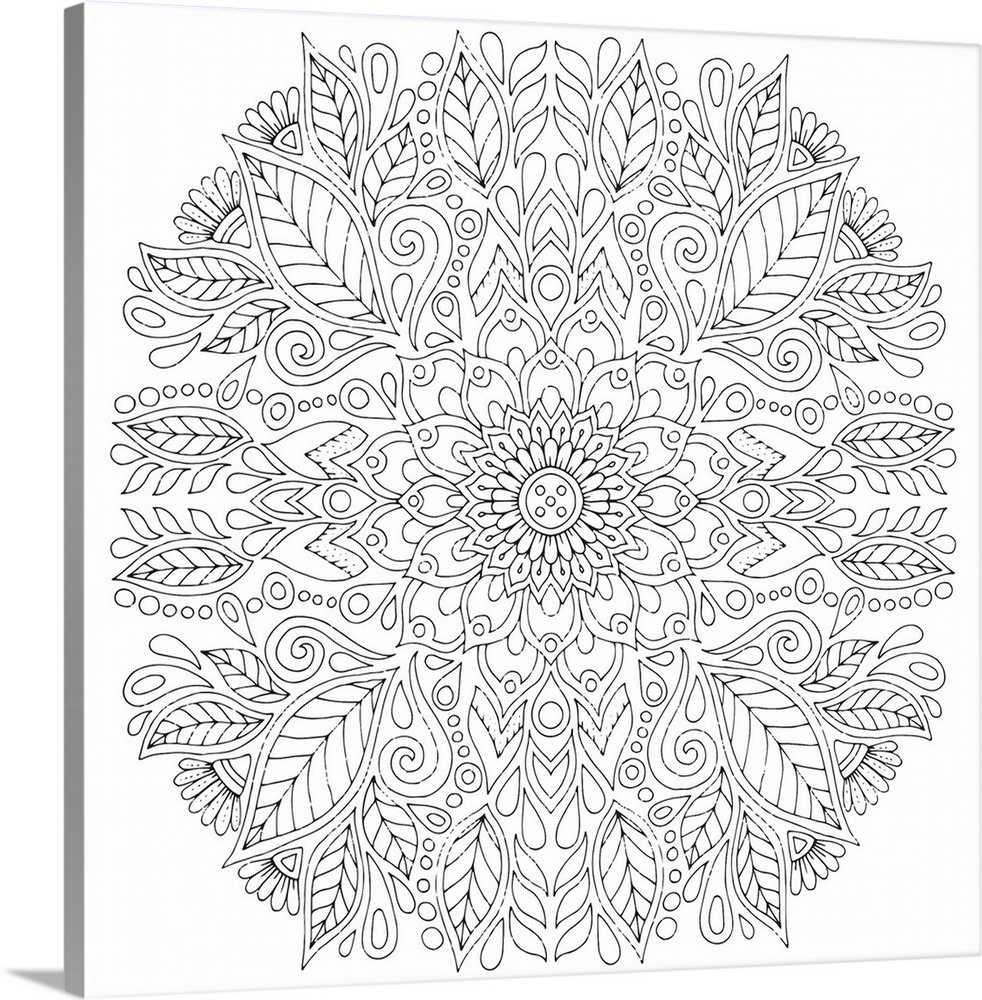 Black and white lined art of a circular floral pattern.