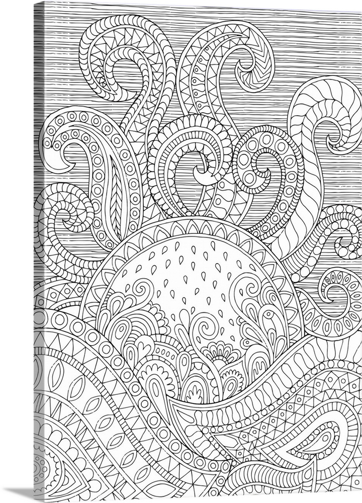 Nature themed black and white line art resembling a sunrise made with intricate details and patterns.