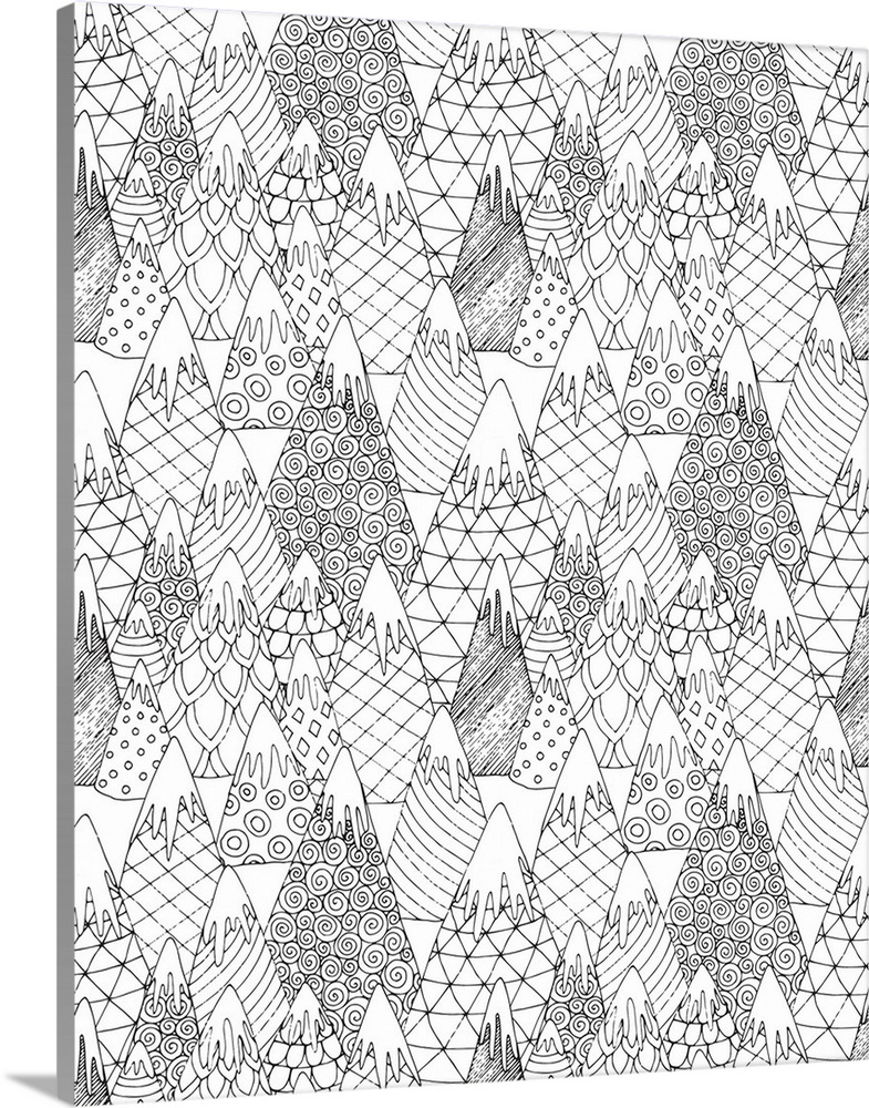 Black and white line art of snow-capped mountains made from patterned designs.