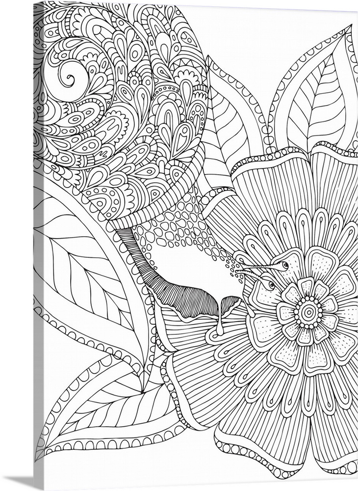 Black and white line art of an intricately designed snail crawling on a leaf towards a big flower.