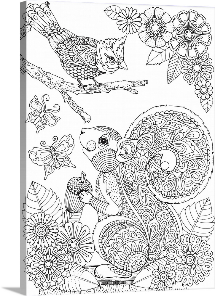 Black and white line art of a squirrel and a bird made with intricate designs surrounded by flowers and butterflies.