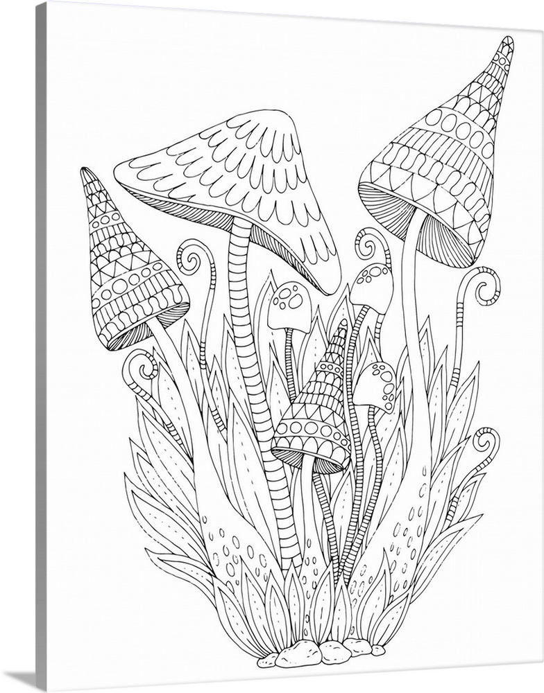 Contemporary line art of uniquely designed mushrooms with a grassy background.
