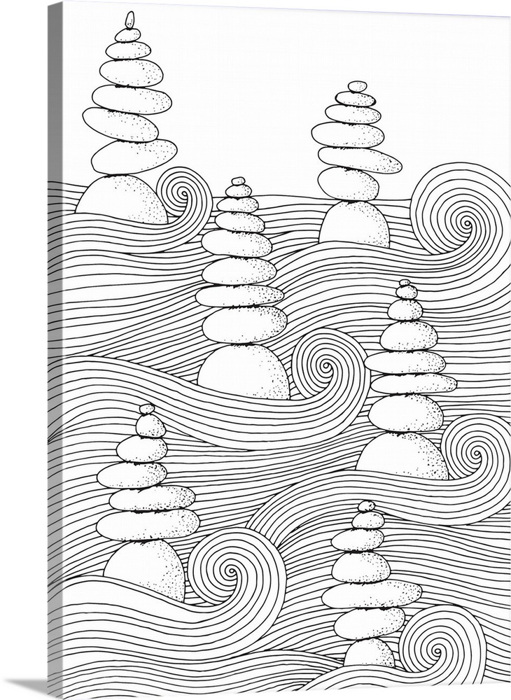 Black and white line art of stacked rocks in moving, swirly waves.