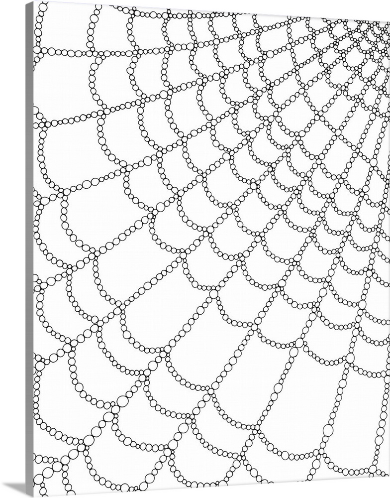 Black and white line art of a close-up of a spider web made out of little circles.