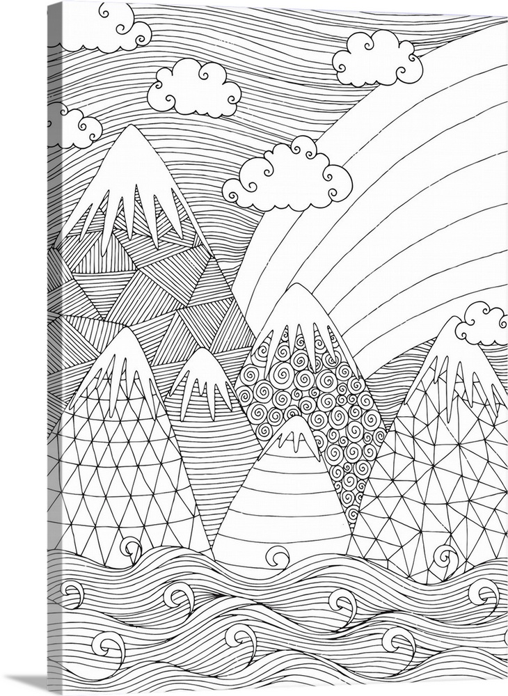Black and white line art of a mountain range made with different patterns, flowing water below and a rainbow with clouds a...