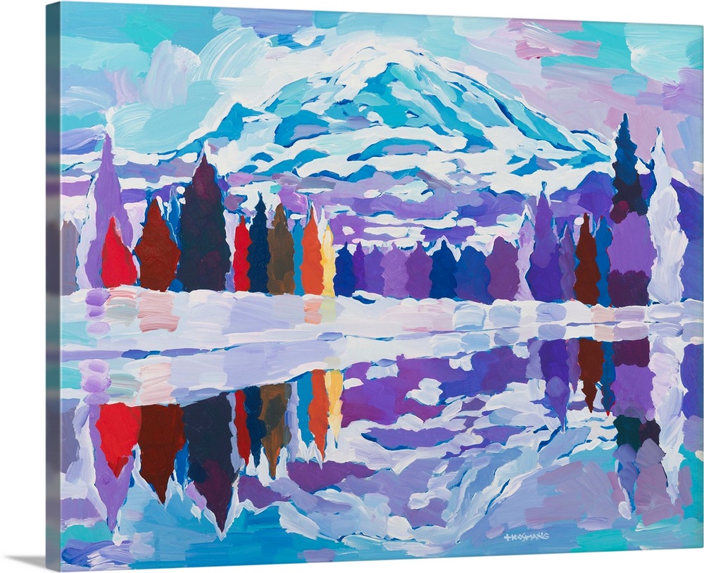 Colorful abstract landscape with trees and mountains reflecting onto a lake.