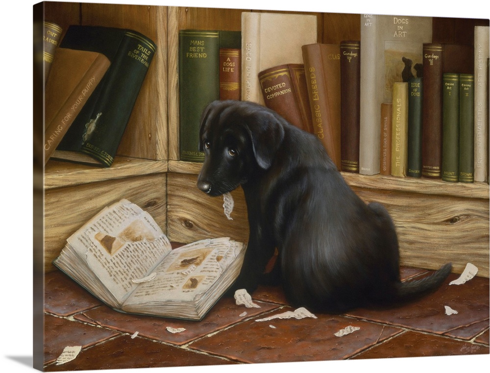 Contemporary painting of a puppy sitting beside a book with torn pages.