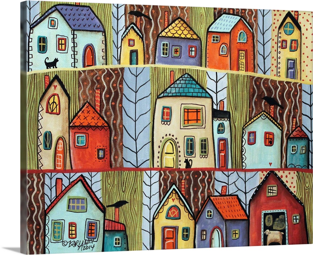 Contemporary painting of a village made of different colored houses.