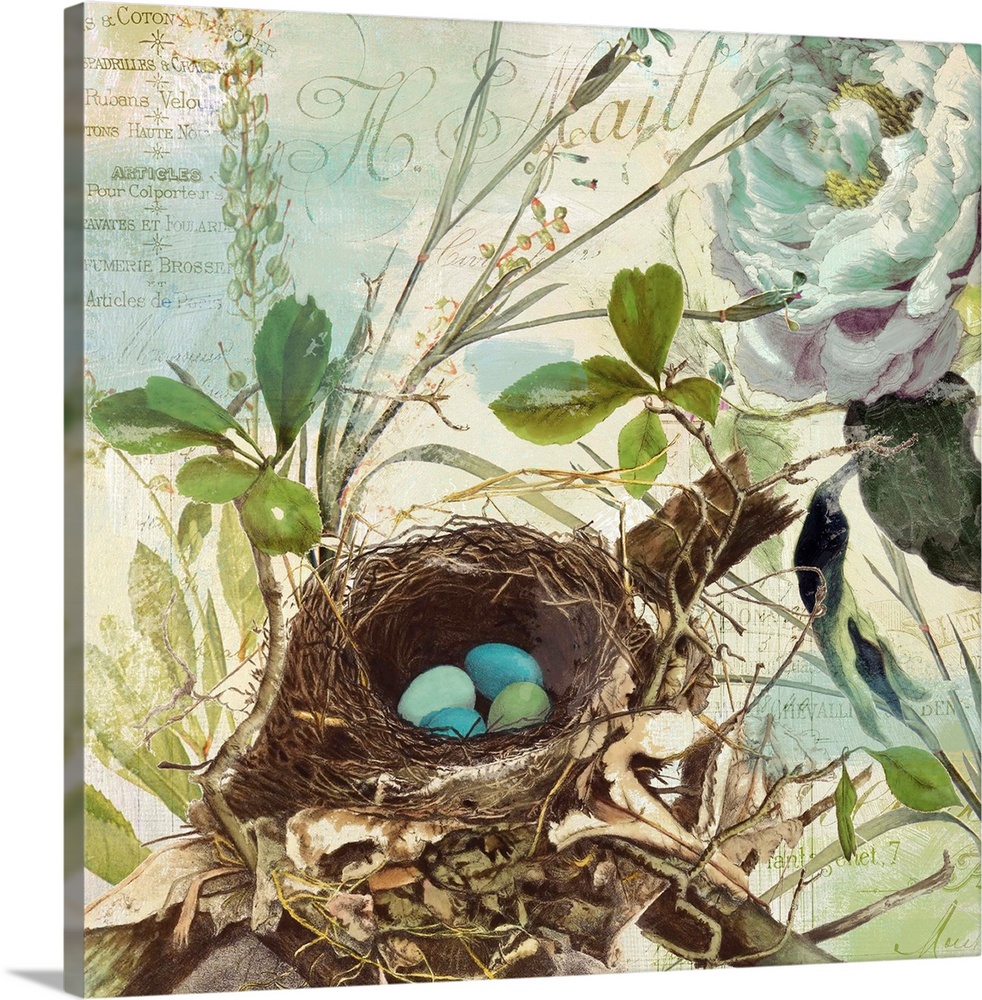 Nest with robin's egg, flowers, vintage
