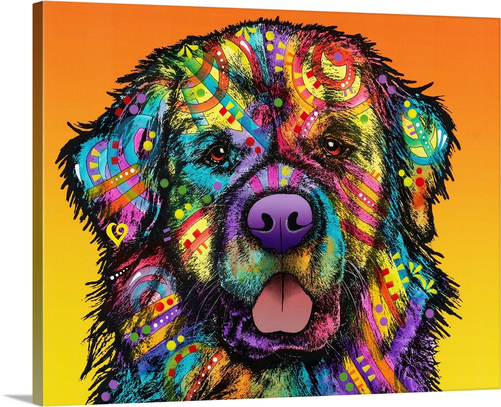 Colorful illustration of a Saint Bernard covered in abstract designs on an orange to yellow gradient background.