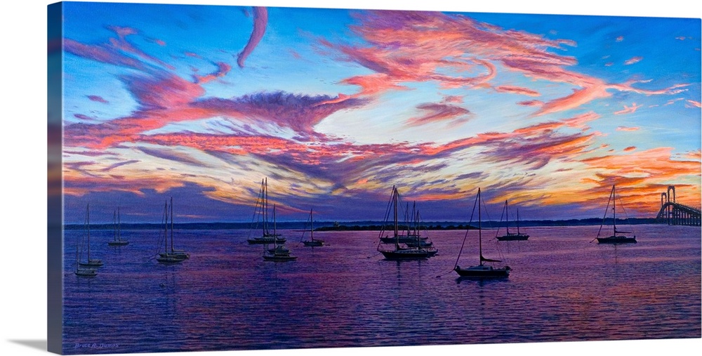 Contemporary artwork of boats in harbor overlooking the sunset.