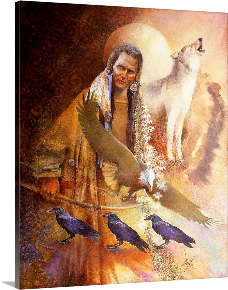 Native American man surrounded by images of ravens, an eagle and a wolf.