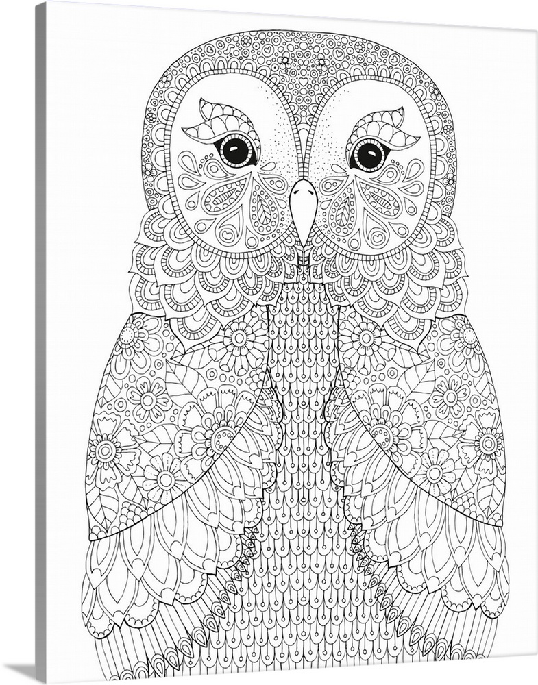 Black and white line art of an intricately designed owl.