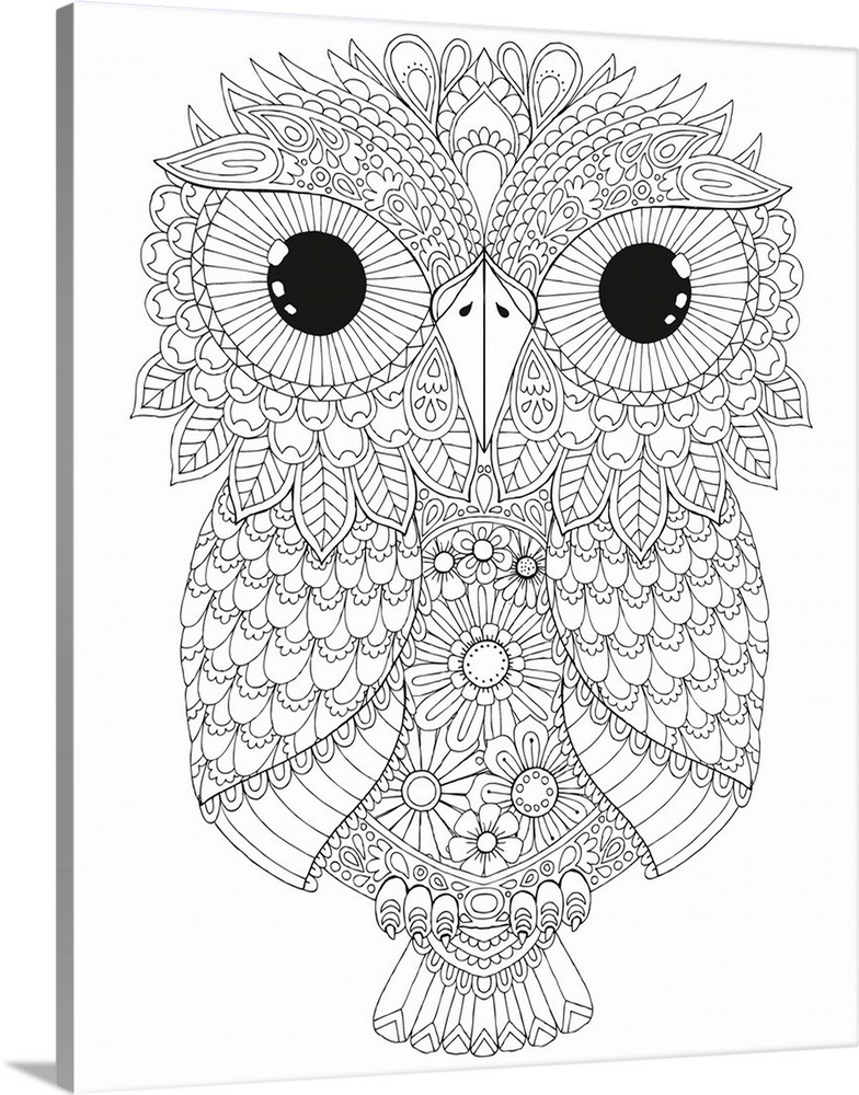Black and white line art of an intricately designed owl with big eyes.