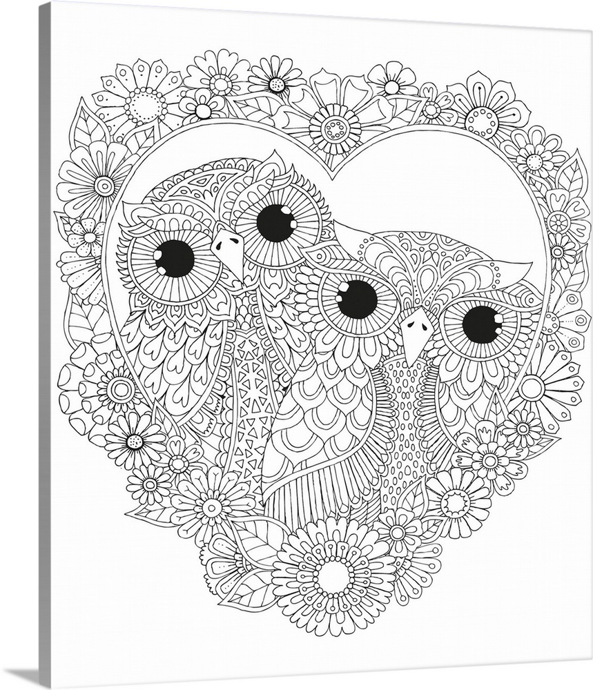 Black and white line art of two owls inside a heart made out of flowers.