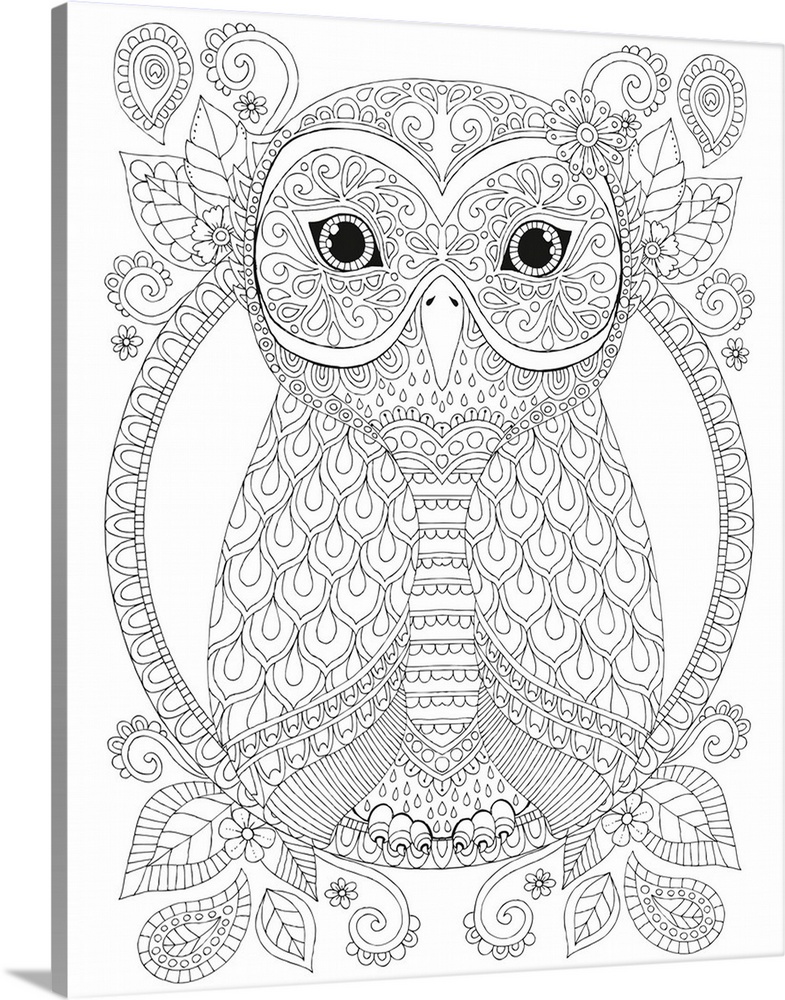Black and white line art of an intricately designed owl perched inside a circular ring with leaf designs around it.
