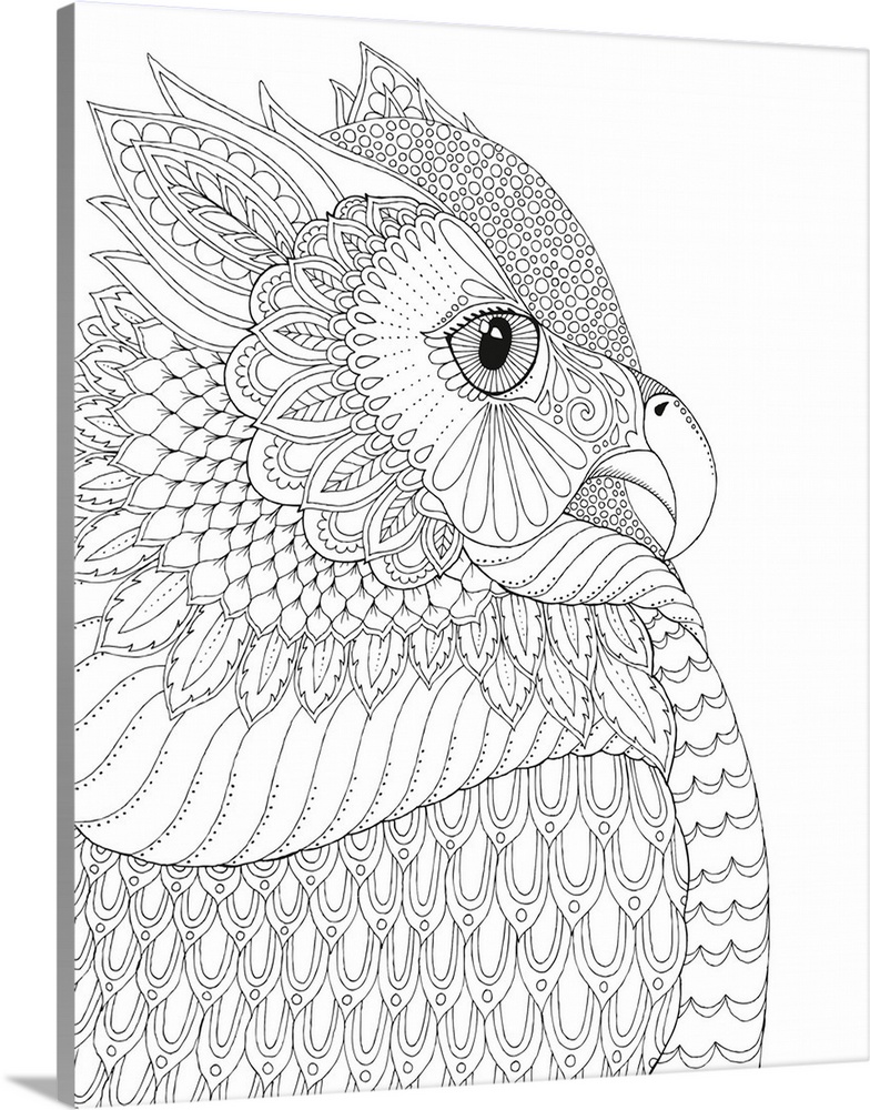 Black and white line art of a side view of an owl made with unique designs.