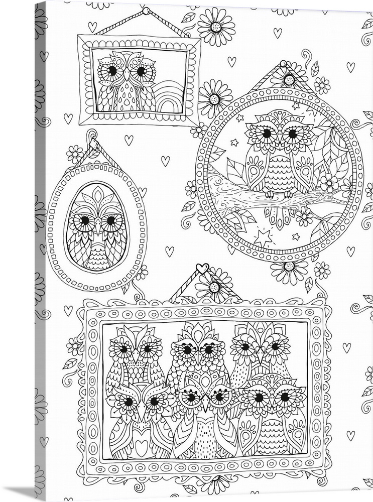 Black and white line art of picture frames hanging on a floral and heart designed wall, each with family photos of owls.