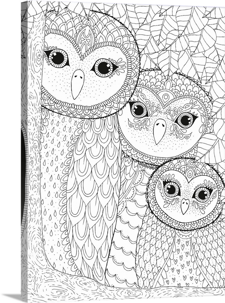 Black and white line art of a family of owls in a tree with a leafy background.