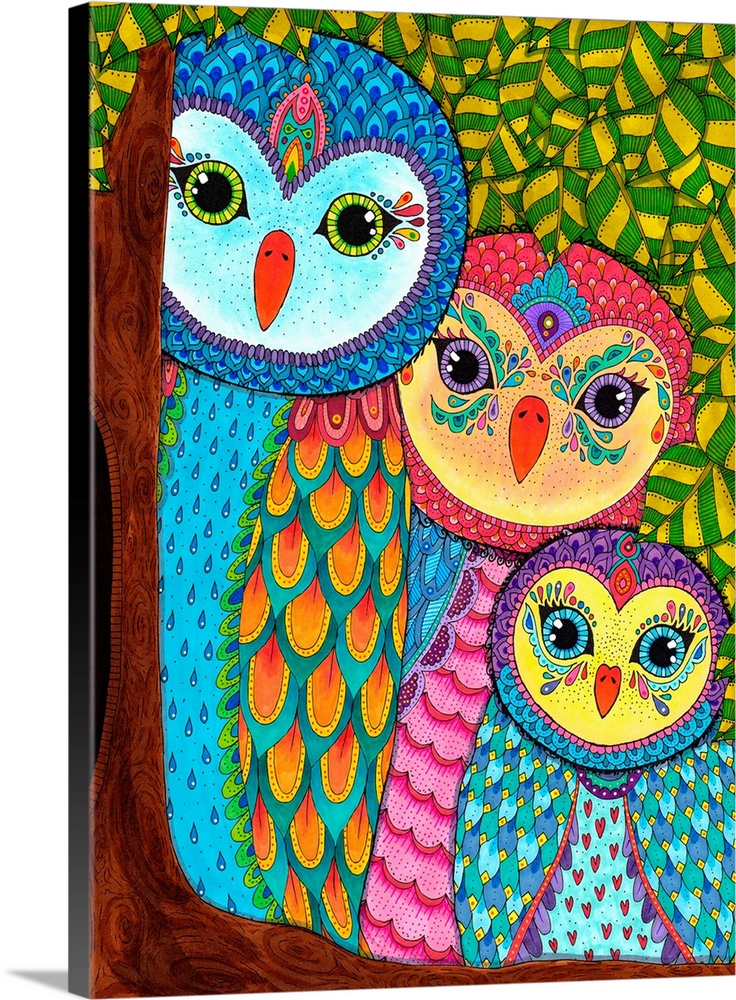 Colorful illustration of uniquely designed owls in a tree with a yellow and green leaf patterned background.