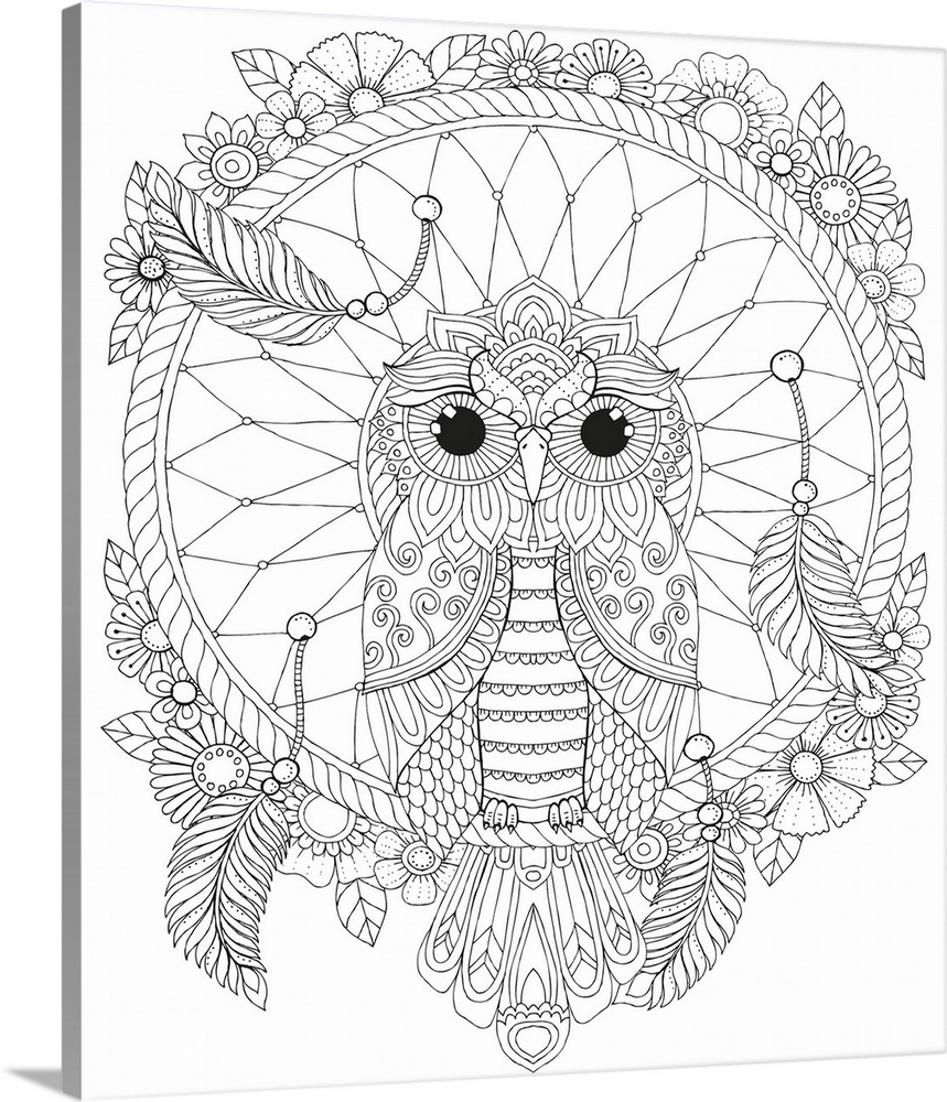 Black and white line art of an owl perched inside a dream catcher decorated with flowers and feathers.