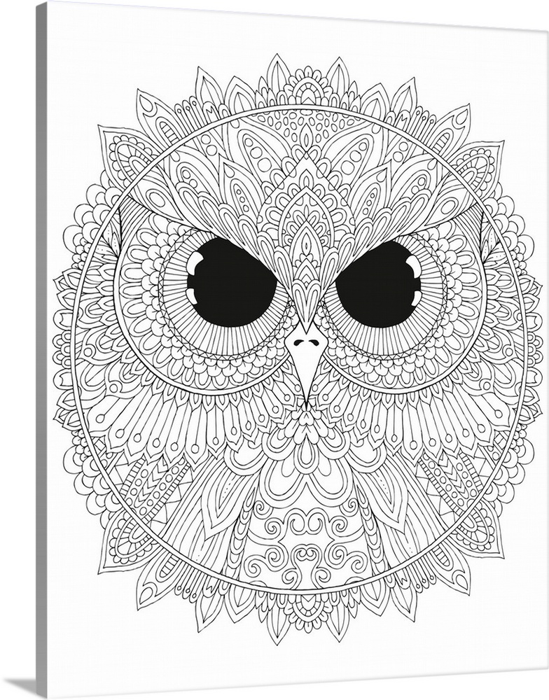 Black and white line art of a circular design with a close-up of an owl's face with big, black, fierce eyes in the center.