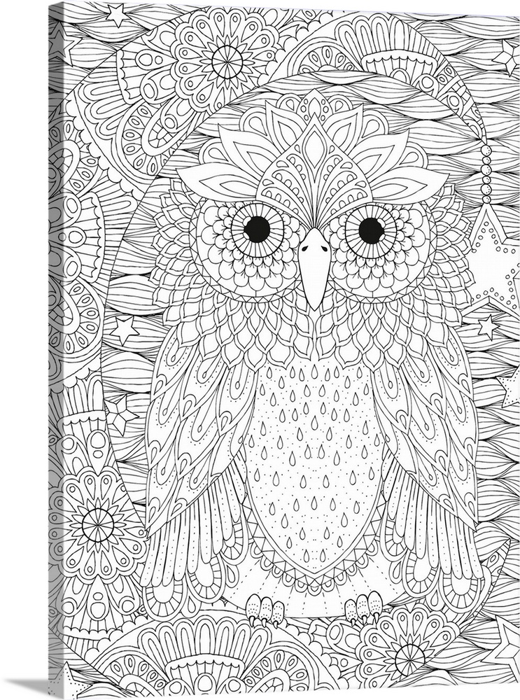 Black and white line art of an owl perched on a uniquely designed crescent moon
