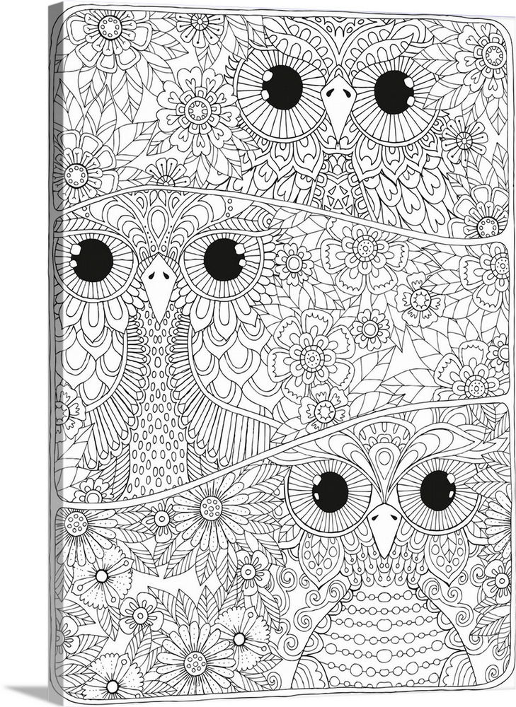 Black and white line art separated into three horizontal sections with an intricately designed owl surrounded by flowers i...