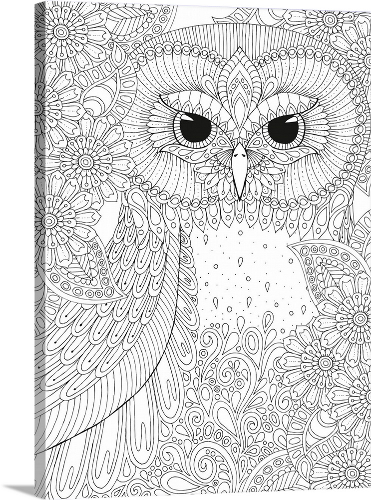 Black and white line art of an intricately designed owl surrounded by flowers.
