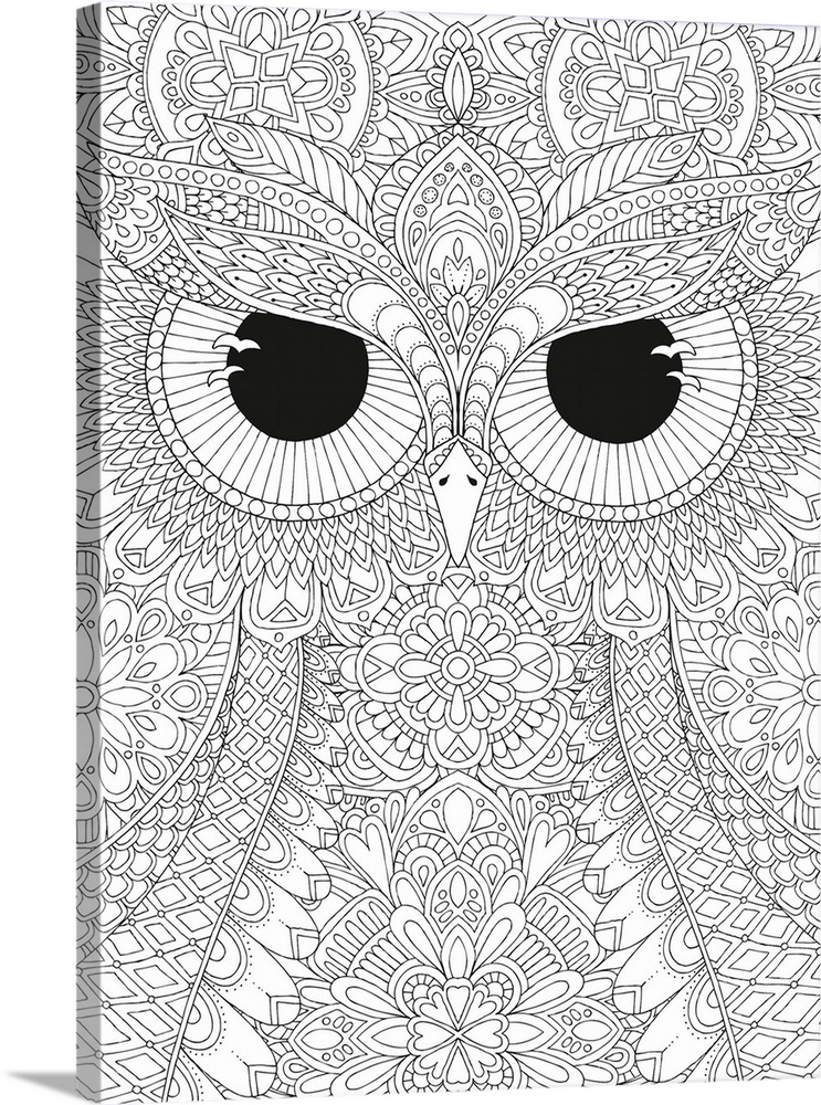 Black and white line art of a close-up owl's face with big, black, fierce eyes.