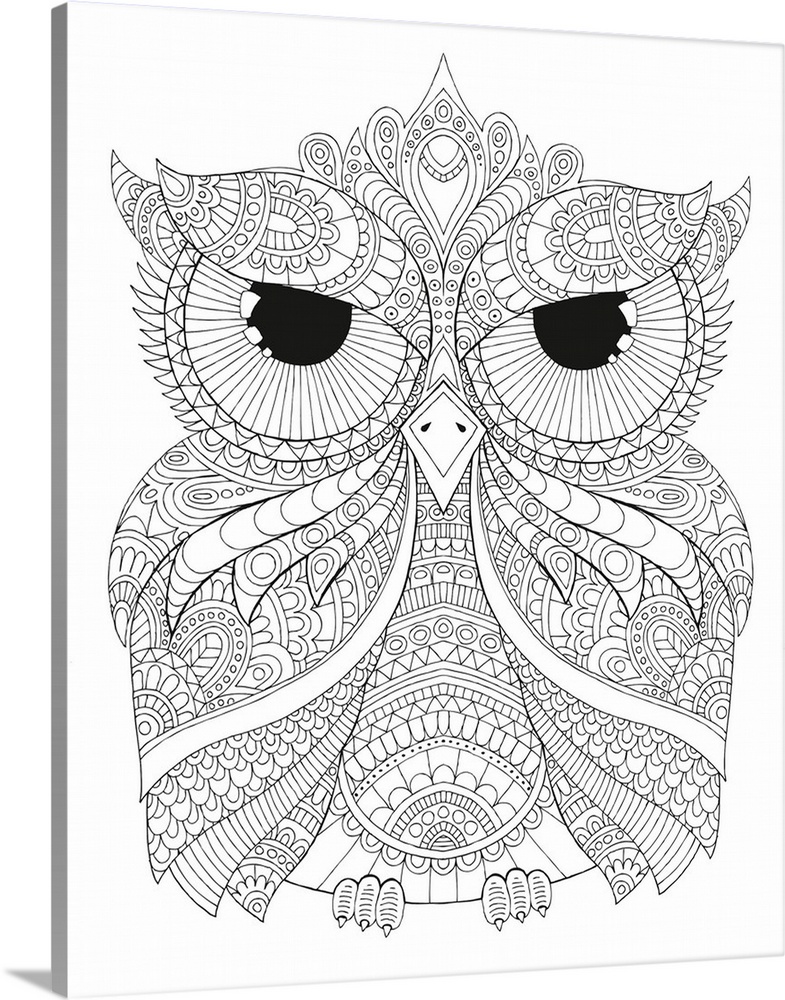 Black and white line art of a uniquely designed owl.