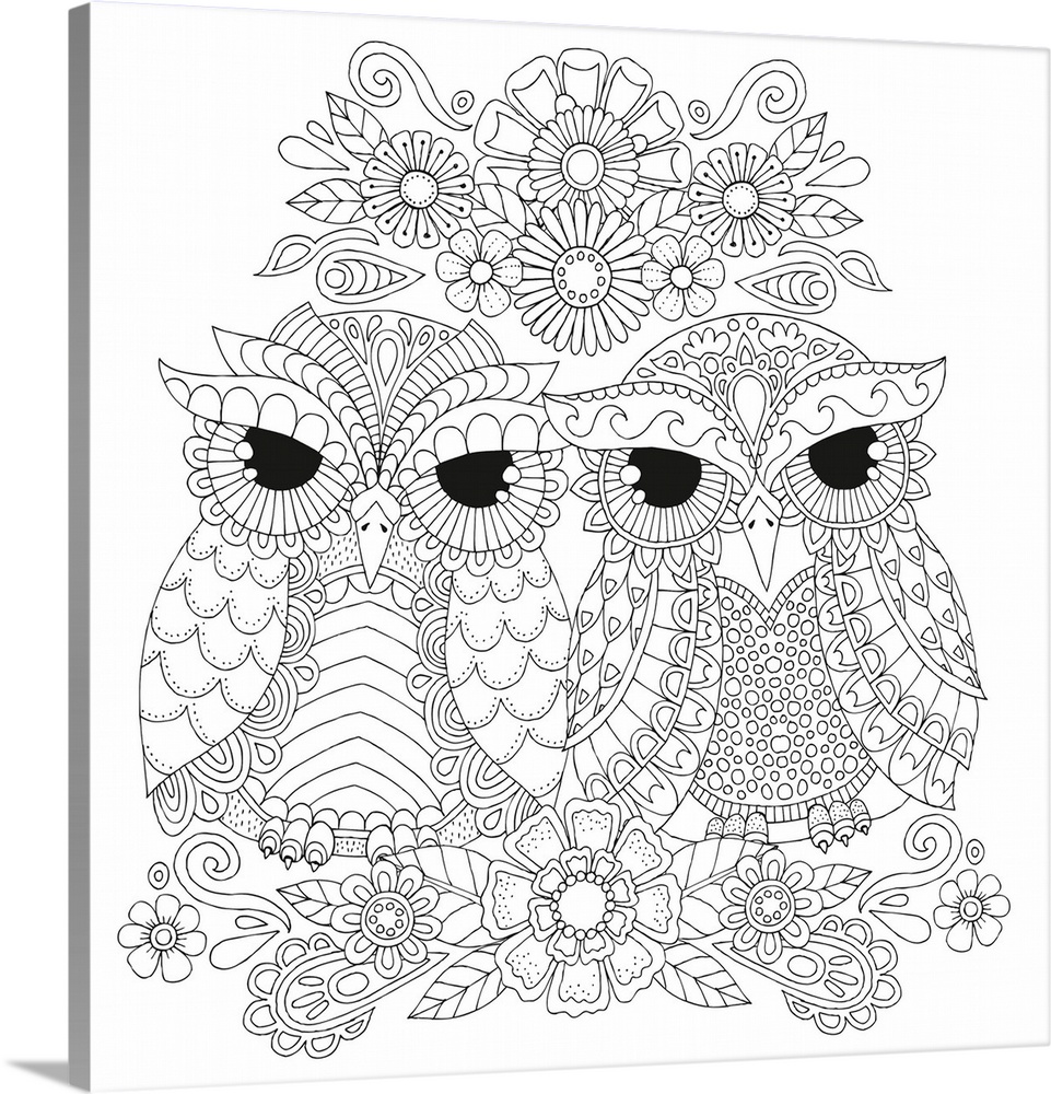 Black and white line art of tow owls with dark black eyes surrounded by flowers.