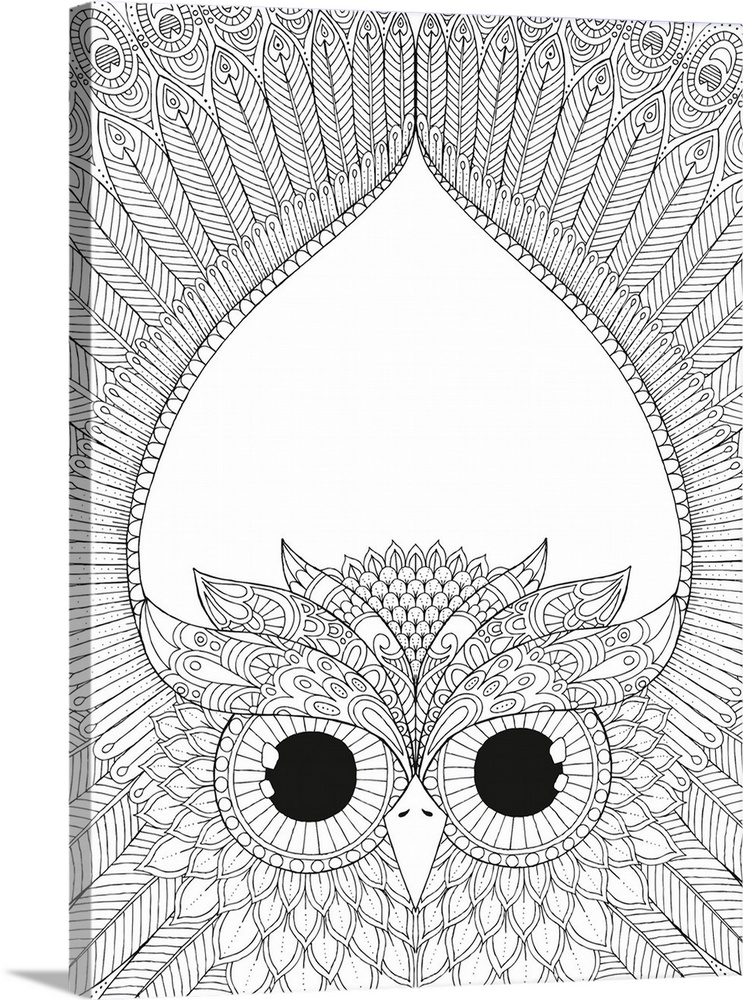Black and white line art of an intricately designed owl spreading its wings above its head.