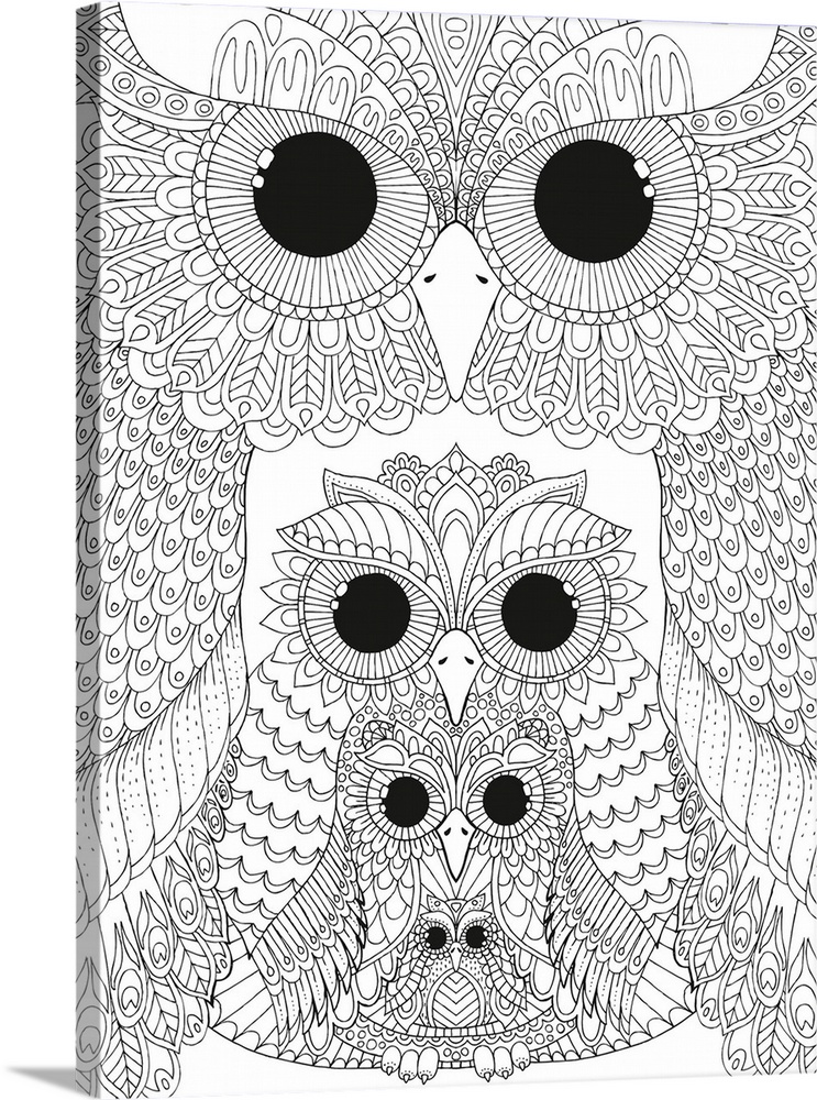 Black and white line art of four intricately designed different sized owls stacked together.