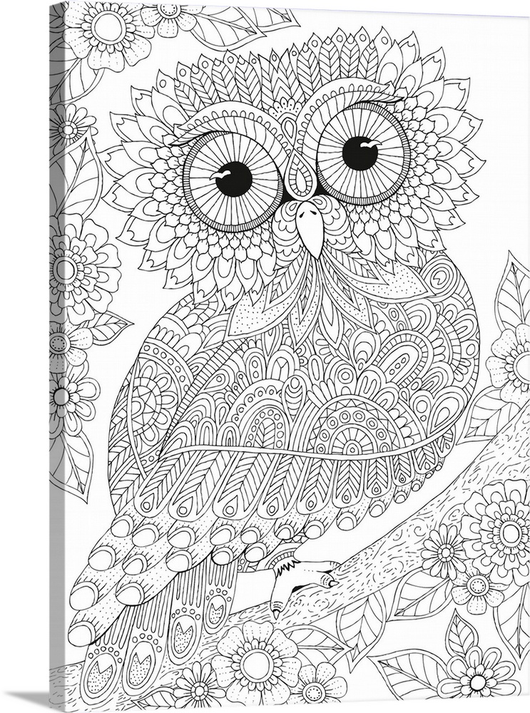 Black and white line art of an intricately designed owl with big eyes perched on a branch and surrounded by flowers.