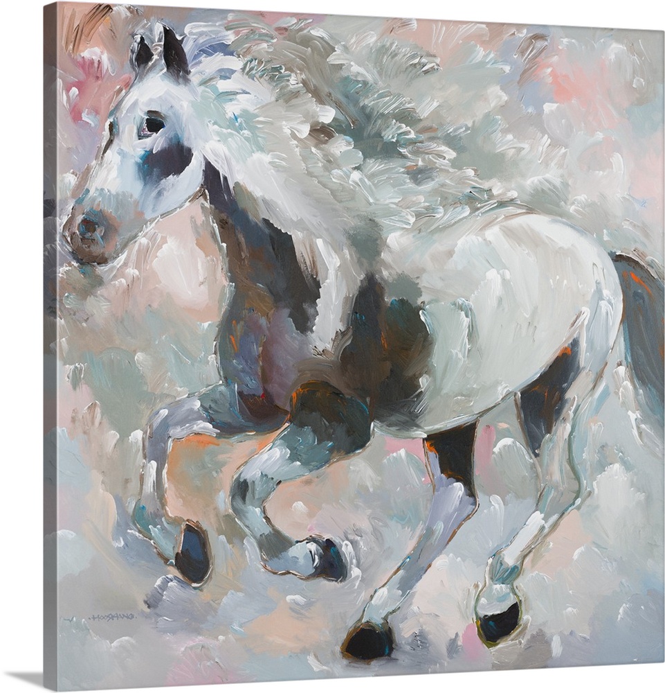 Square contemporary painting of a gray, black, and white galloping horse with pops of orange and blue on a colorful pastel...