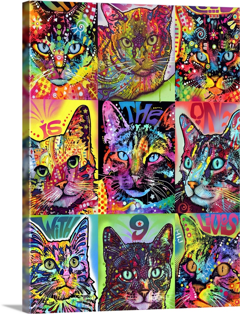 Graffiti style art that has "The Best Cat is The One With 9 Lives" painted in individual boxes with a different cat in eac...