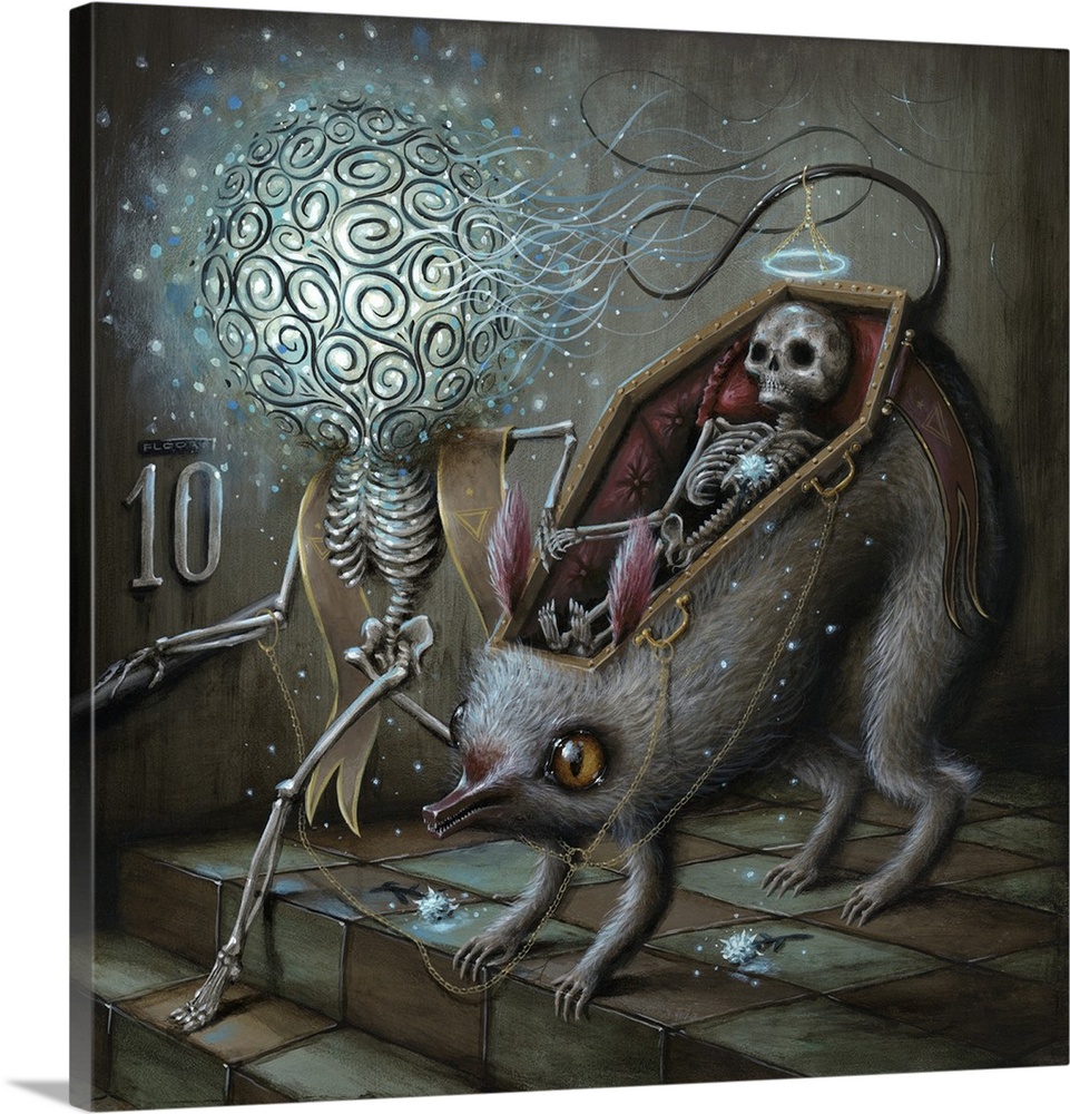 Surrealist painting of a human skeleton riding in the coffin shaped back of a rat being led by another skeleton.
