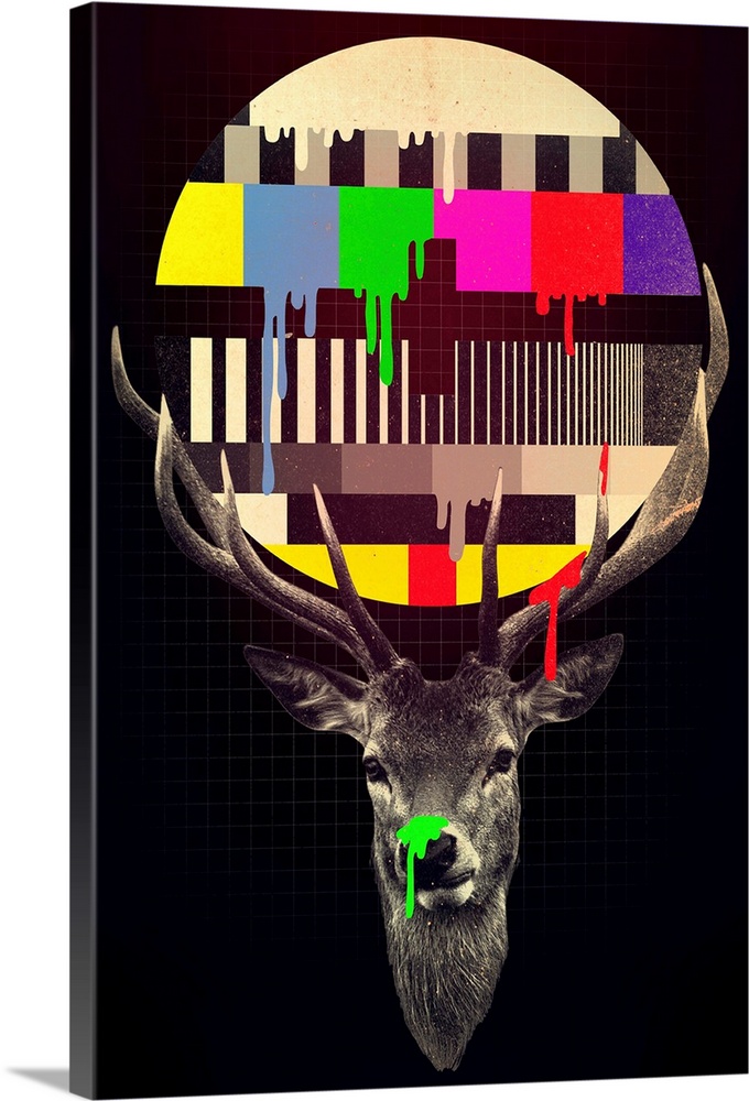 Pop art of a deer with a television color test pattern dripping painting in its antlers.