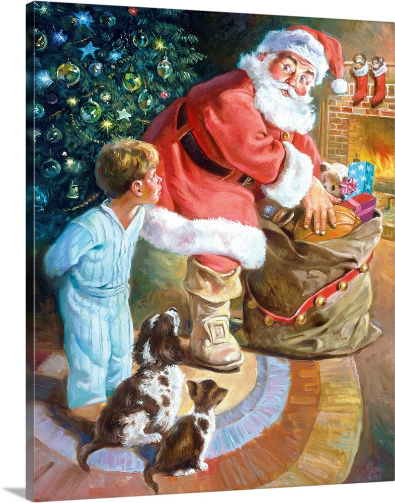 Little boy, puppy, and kitten watching Santa in his bag.