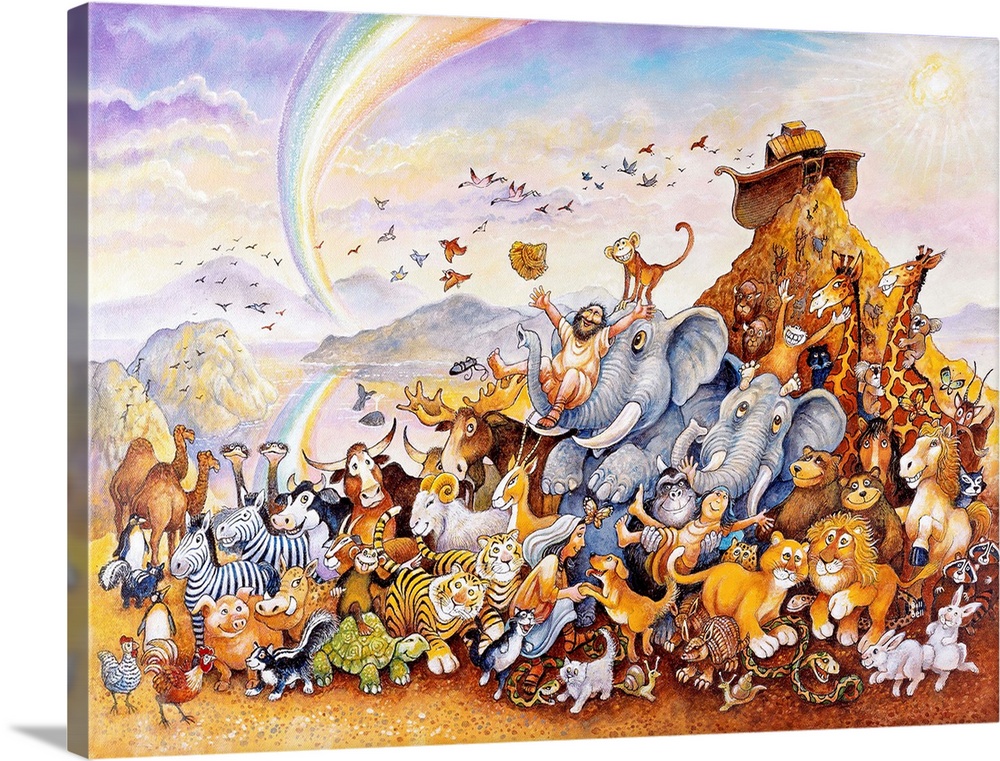 Various creatures emerge from Noah's ark, and rejoice with Noah and his family.