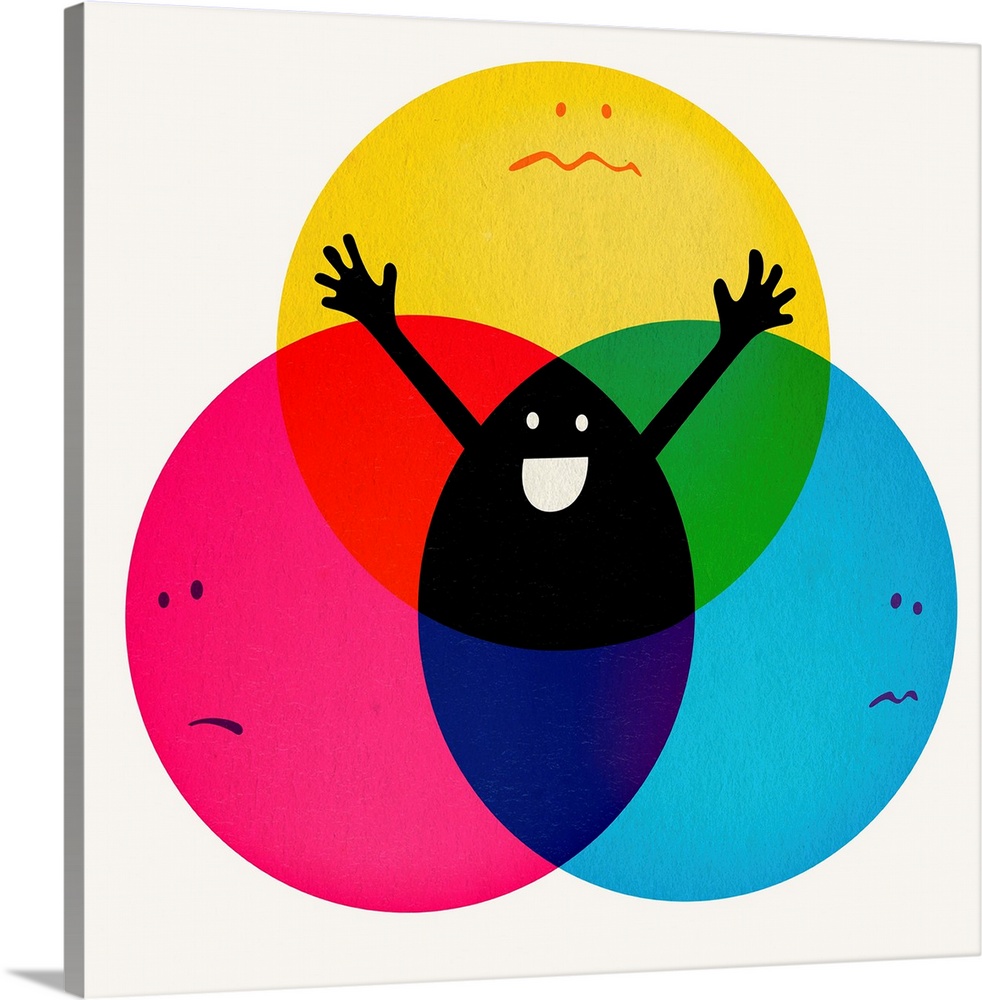 Pop art of a color chart with a smiling character in the center, made of all the blended colors.