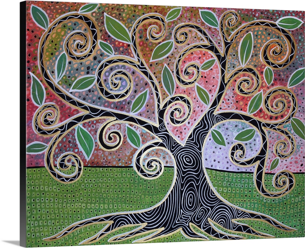 Contemporary painting of a tree with swirling branches and broad leaves, with a patterned trunk.