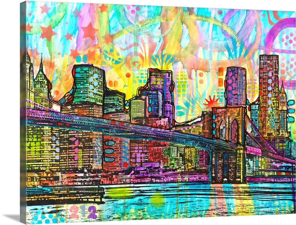 Colorful illustration of the New York City skyline with the Brooklyn Bridge in the foreground, surrounded by abstract desi...