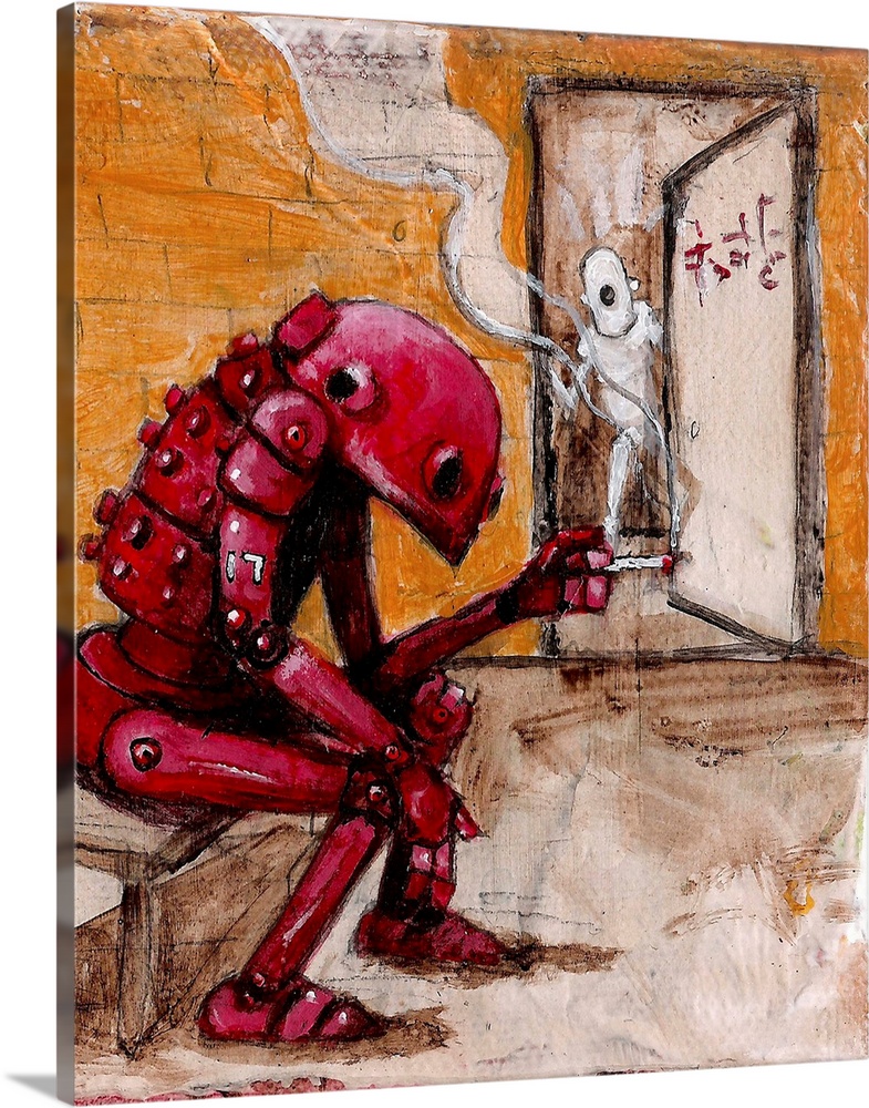 Illustration of a red robot sitting on a bench and smoking.