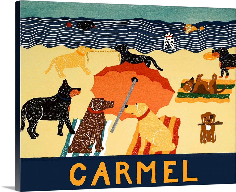 Illustration of multiple breeds of dogs having a beach day with "Carmel" written on the bottom.
