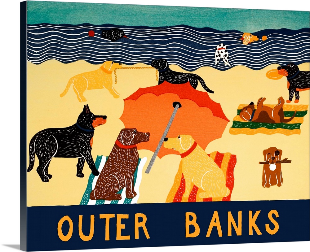 Illustration of multiple breeds of dogs having a beach day with "Outer Banks" written on the bottom.